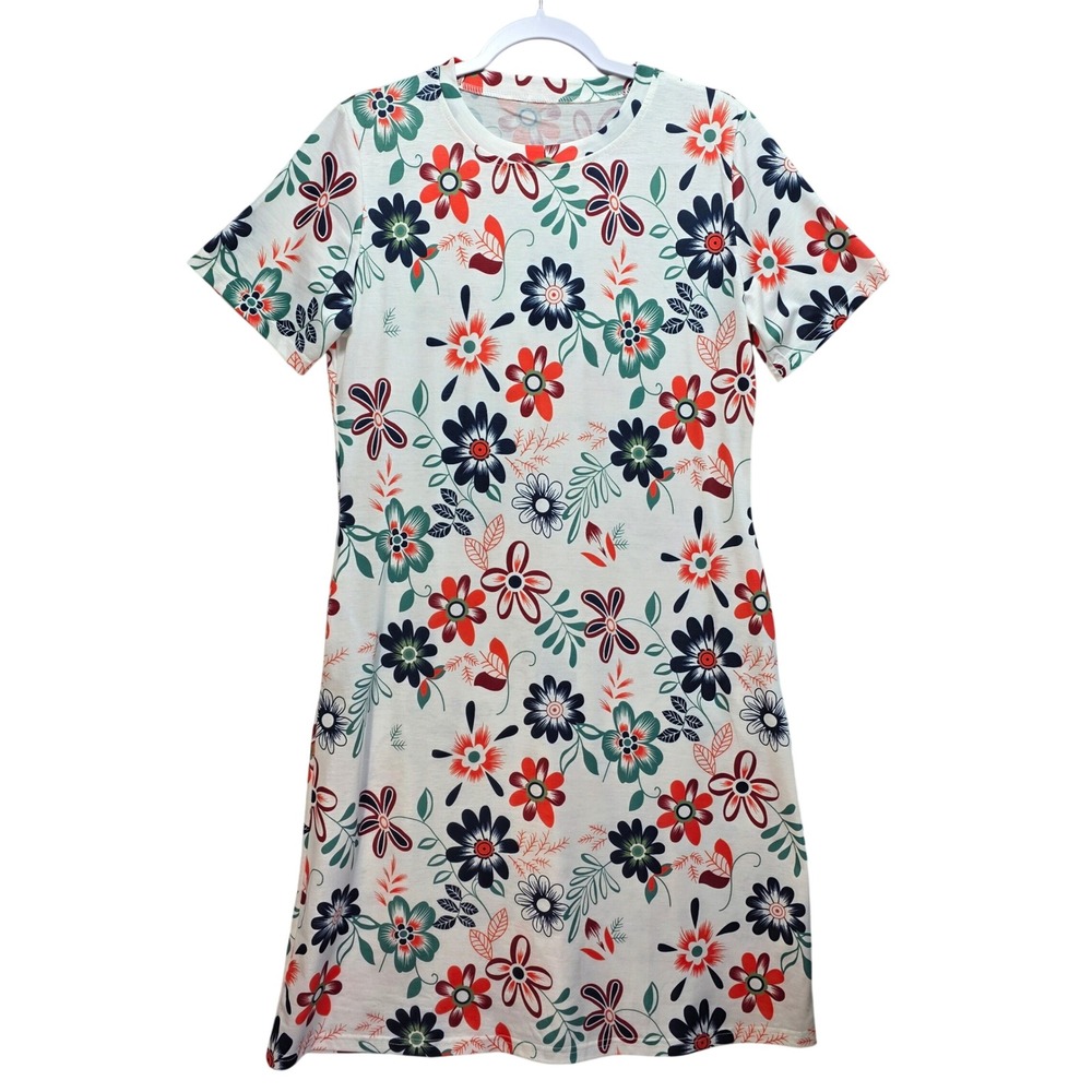 Unbranded Floral Tshirt Dress Womens L Boho Casual Pockets White Multi Color
